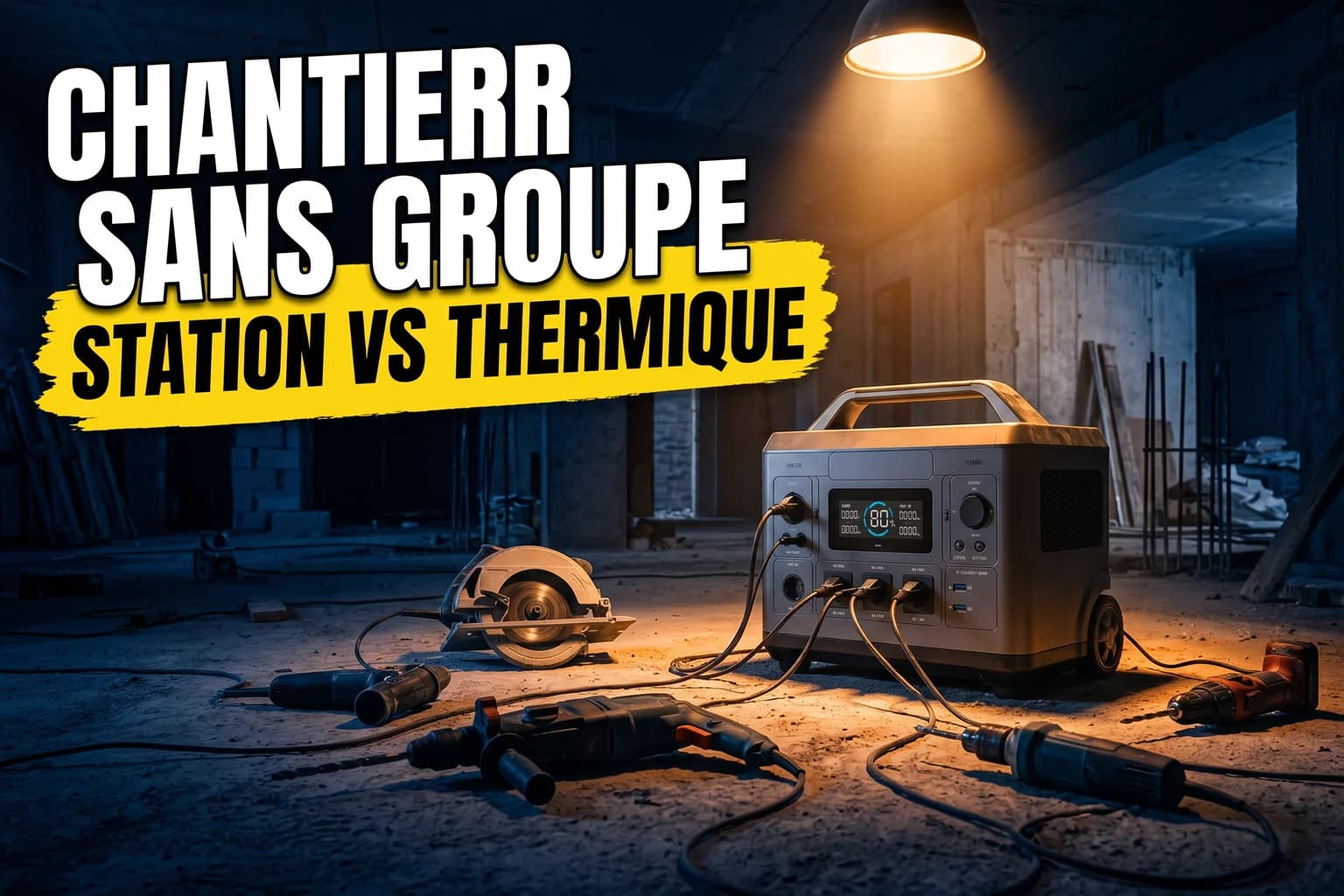 Station d'énergie portable sur un chantier de rénovation avec outils électroportatifs branchés