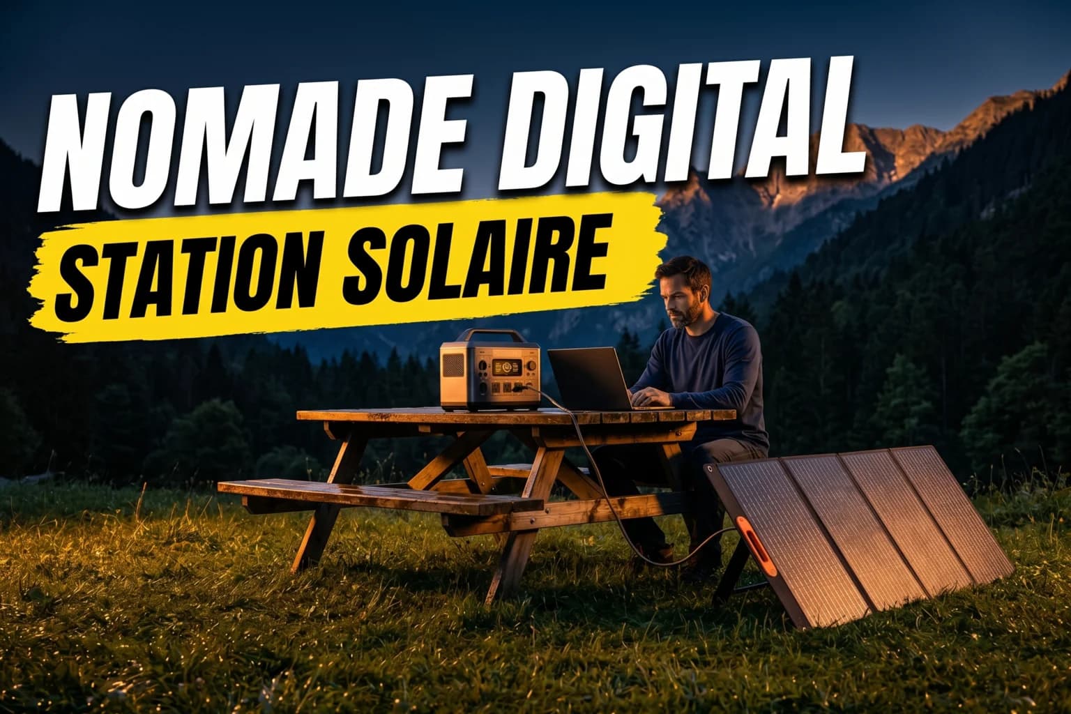 Station d'énergie portable sur une table de travail extérieure avec laptop ouvert et panneau solaire déployé