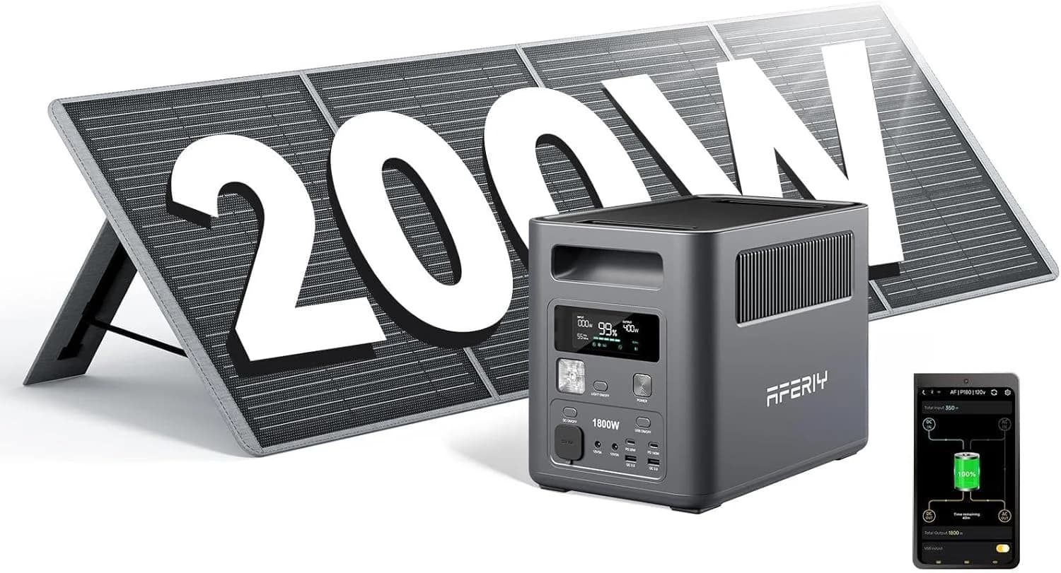 AFERIY P180 1024Wh – générateur électrique portable LiFePO4 1800W avec panneau solaire 200W, charge complète en 60 minutes