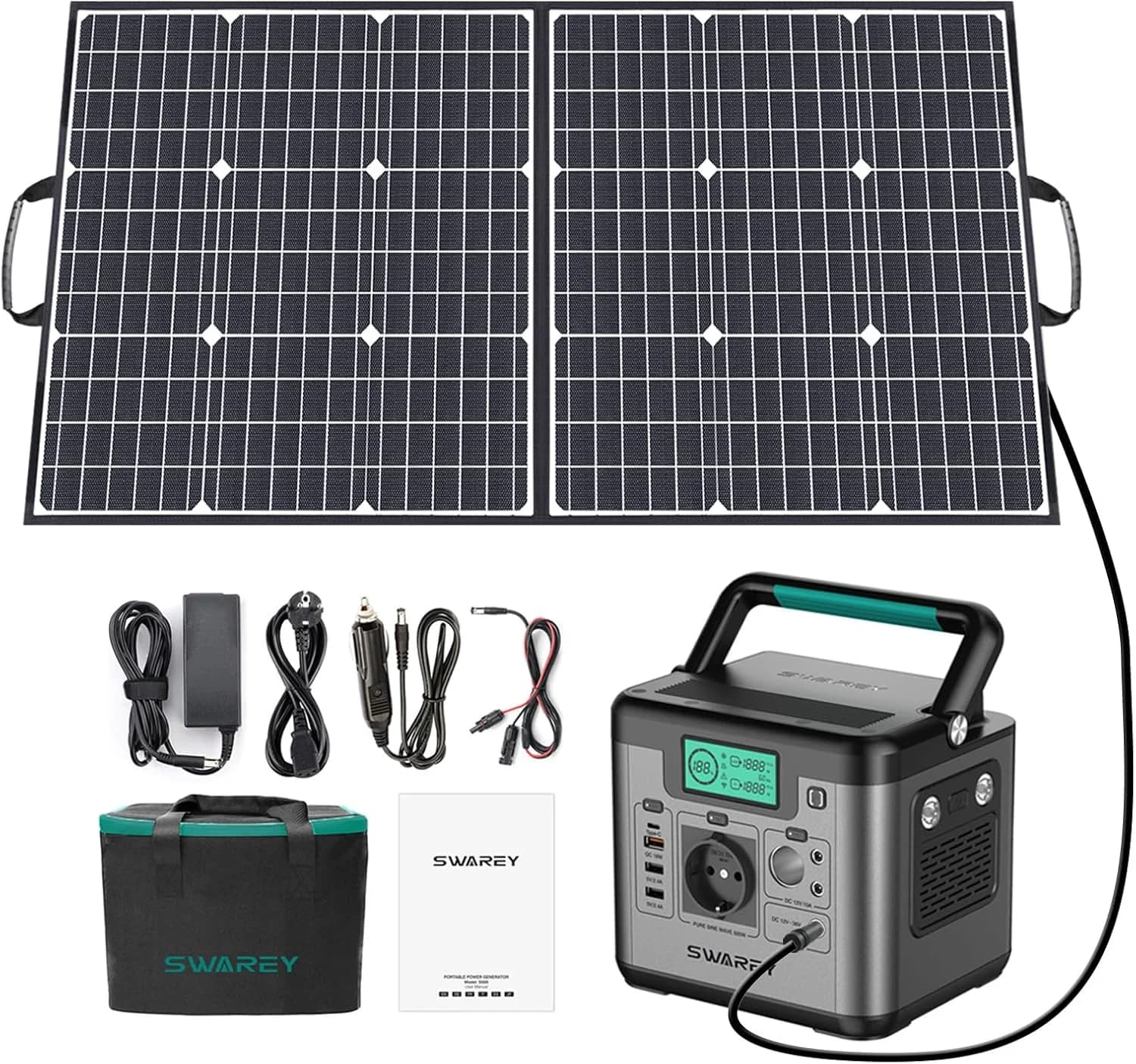 SWAREY S500 PRO 518Wh – station électrique portable 500W onde sinusoïdale pure avec panneau solaire ETFE 100W plié en 2 sections