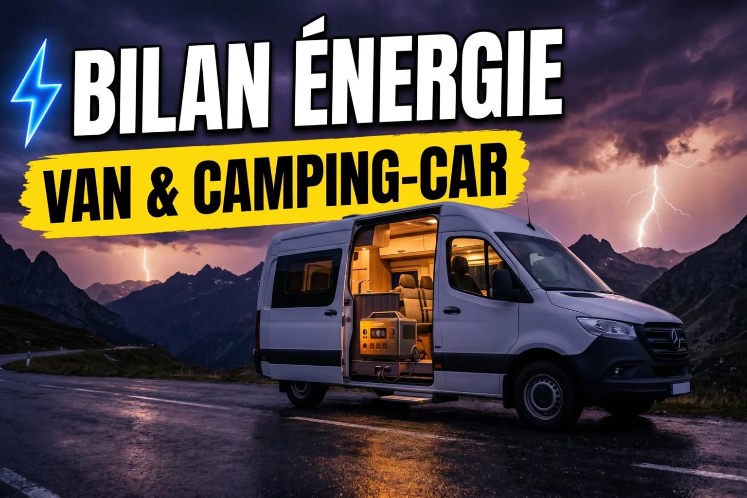 Intérieur d'un van aménagé avec station d'énergie portable, frigo et laptop
