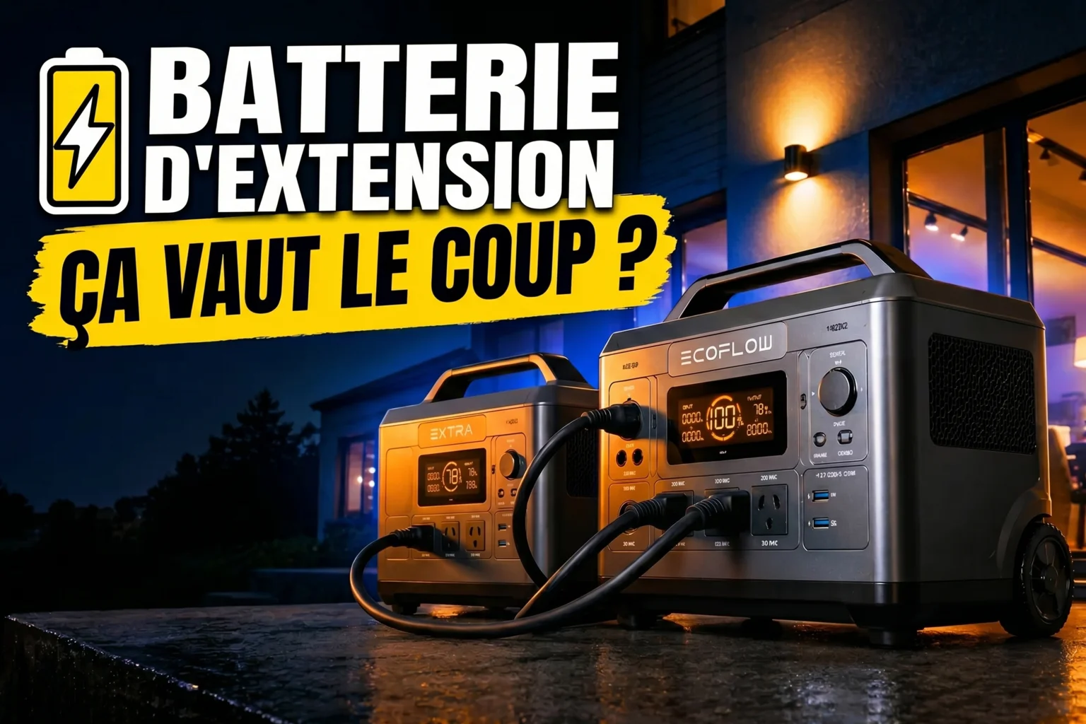 EcoFlow DELTA 2 avec batterie d'extension branchée, augmentant la capacité de 1024 à 2048 Wh