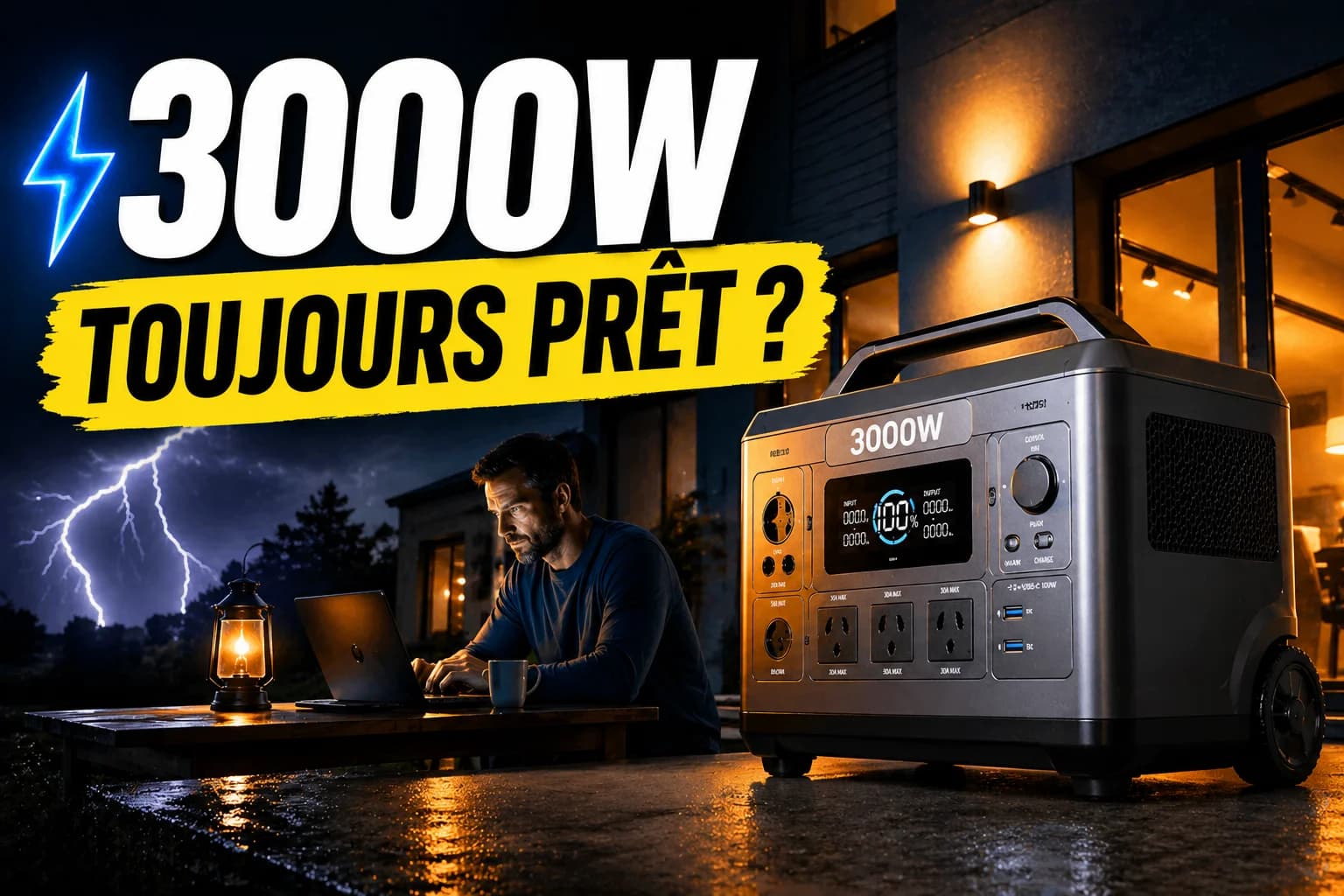 Générateur solaire 3000W posé dehors la nuit, homme travaillant sur laptop pendant une coupure de courant