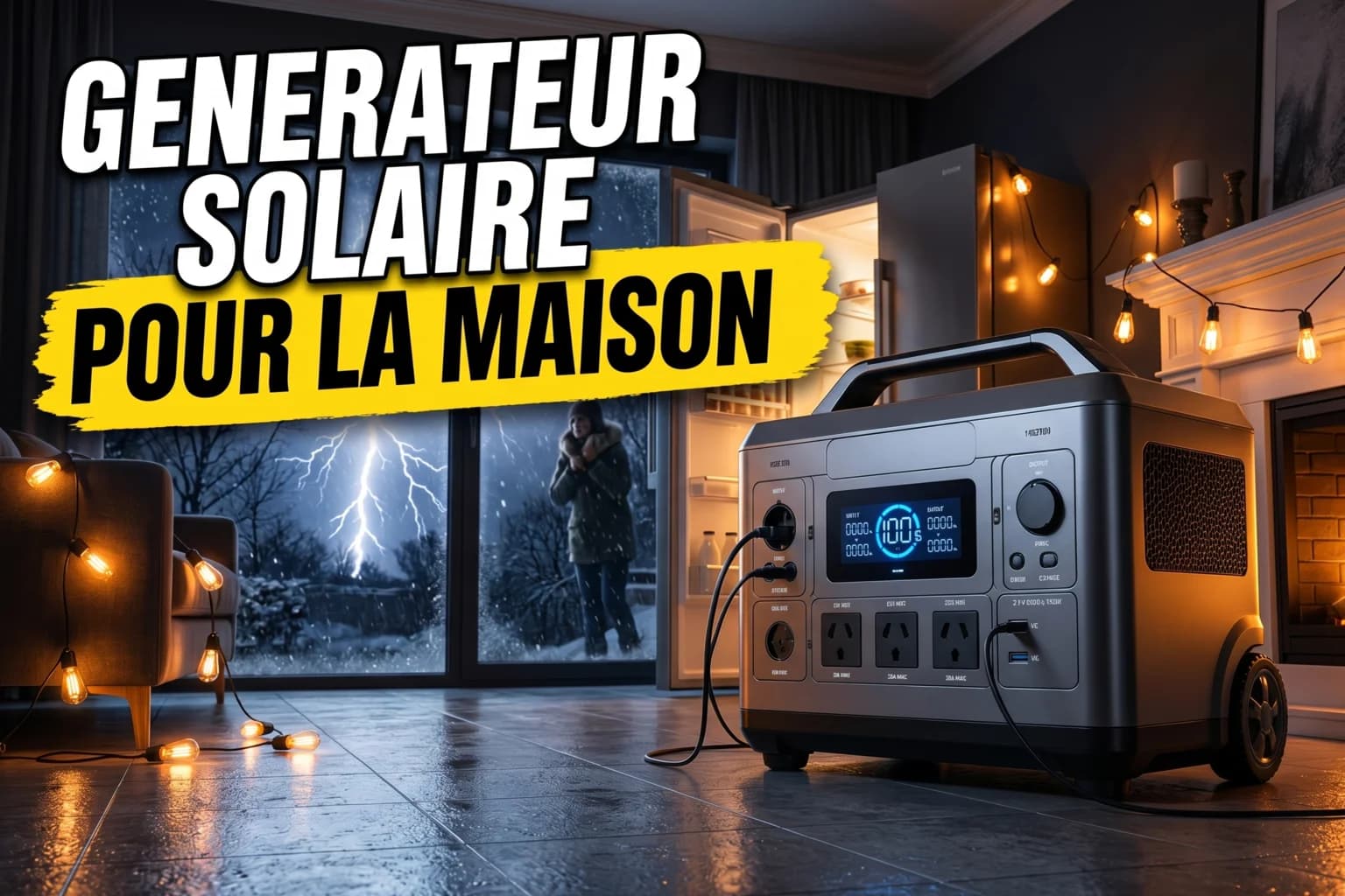 Station énergie portable EcoFlow DELTA 2 branchée dans un salon avec frigo, lampes et ordinateur allumés