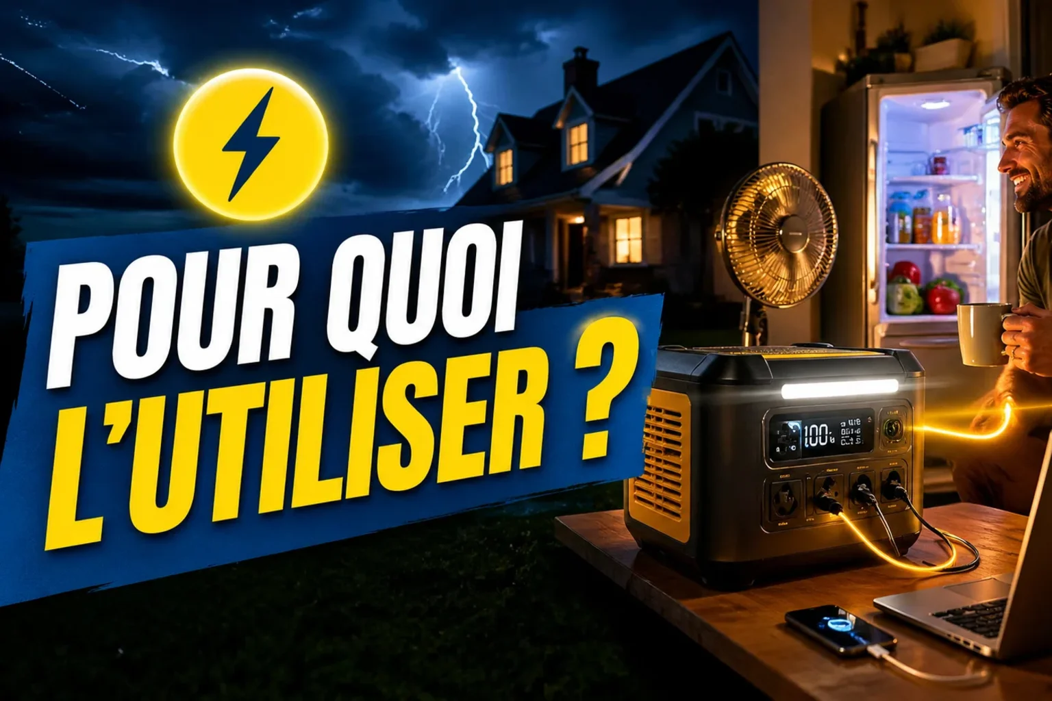 Générateur solaire portable alimentant frigo, ventilateur et laptop lors d'une coupure de courant