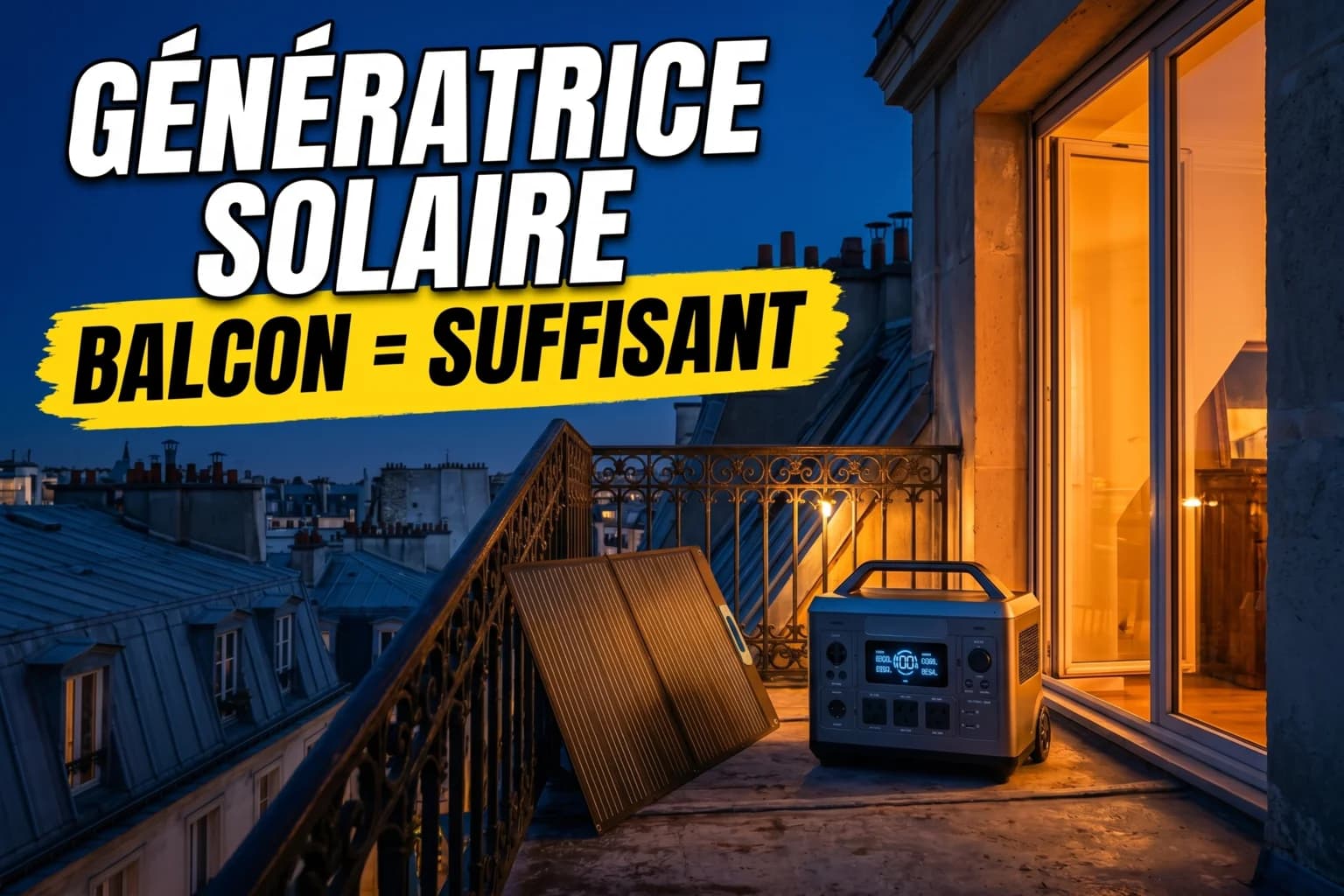 Génératrice solaire portable posée dans un salon avec panneau solaire pliable sur le balcon