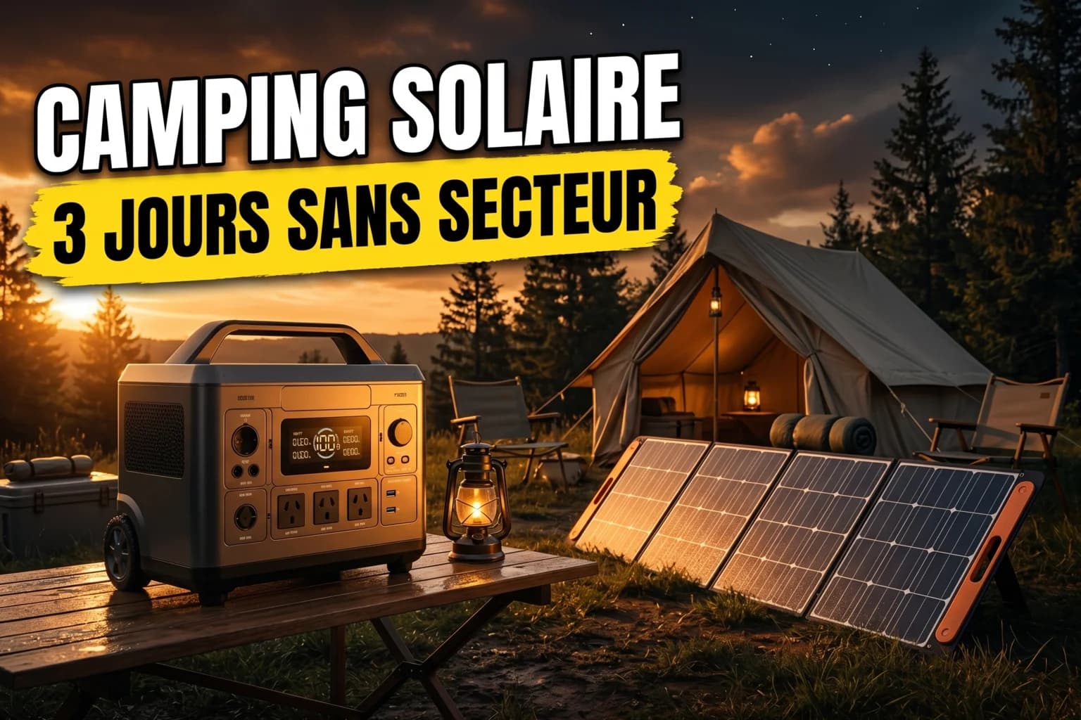Station d'énergie portable posée sur une table de camping avec panneau solaire déployé au soleil