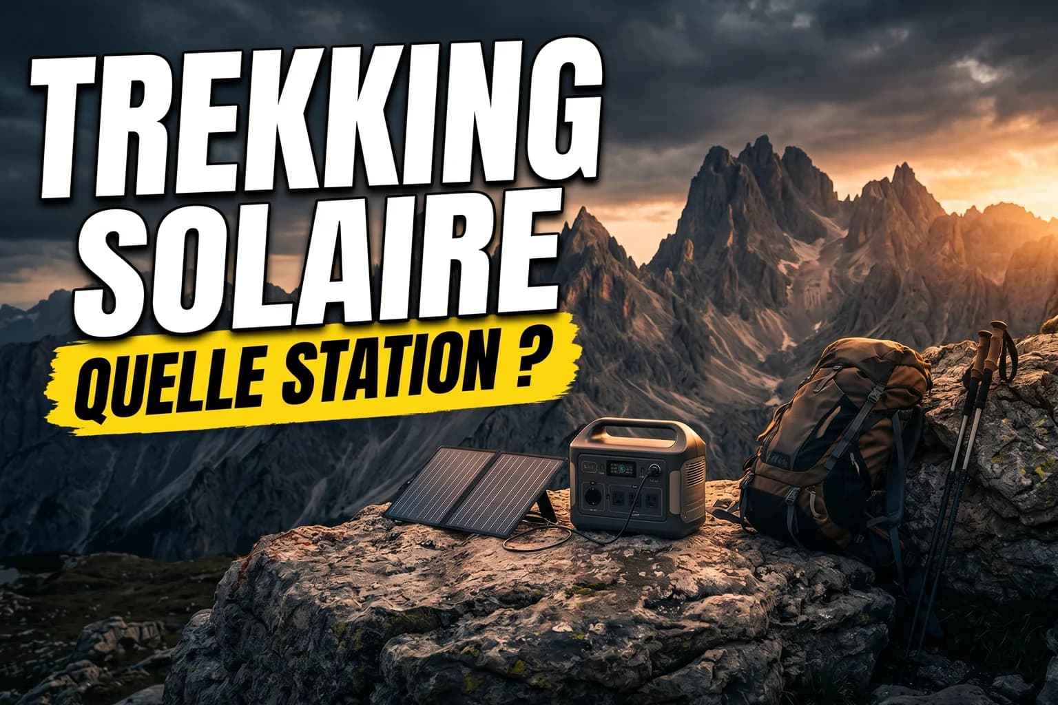 Station d'énergie portable légère posée sur un rocher en montagne avec panneau solaire pliable