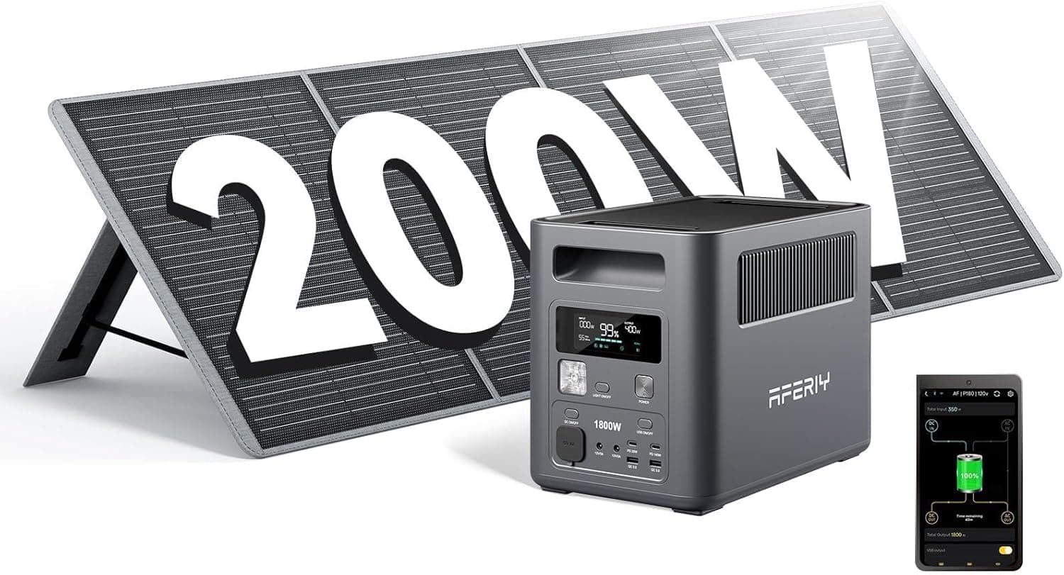 AFERIY P180 1024Wh – générateur électrique portable LiFePO4 1800W avec panneau solaire 200W, charge complète en 60 minutes