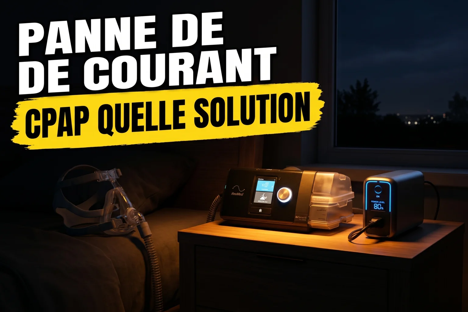 Appareil PPC ResMed AirSense posé sur une table de nuit, connecté à une station d'énergie portable compacte