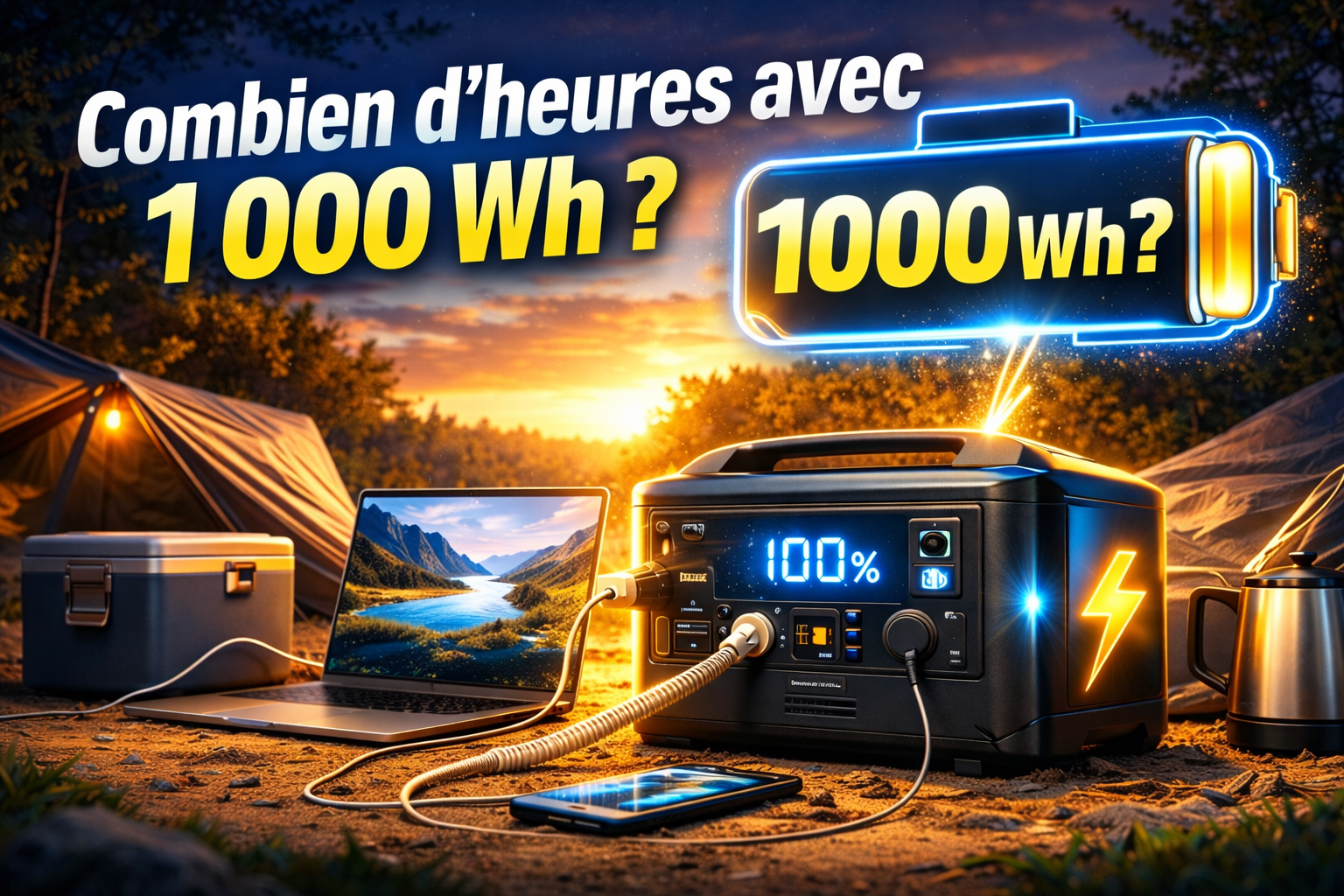 Station d'énergie portable 1 000 Wh alimentant un laptop, un smartphone et une bouilloire en camping