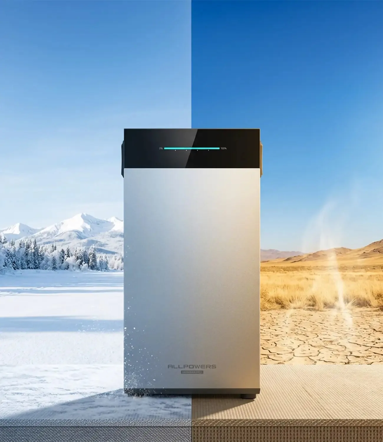 ALLPOWERS BS2500 PRO, système de stockage solaire domestique, présenté sur fond de paysages hiver et désert
