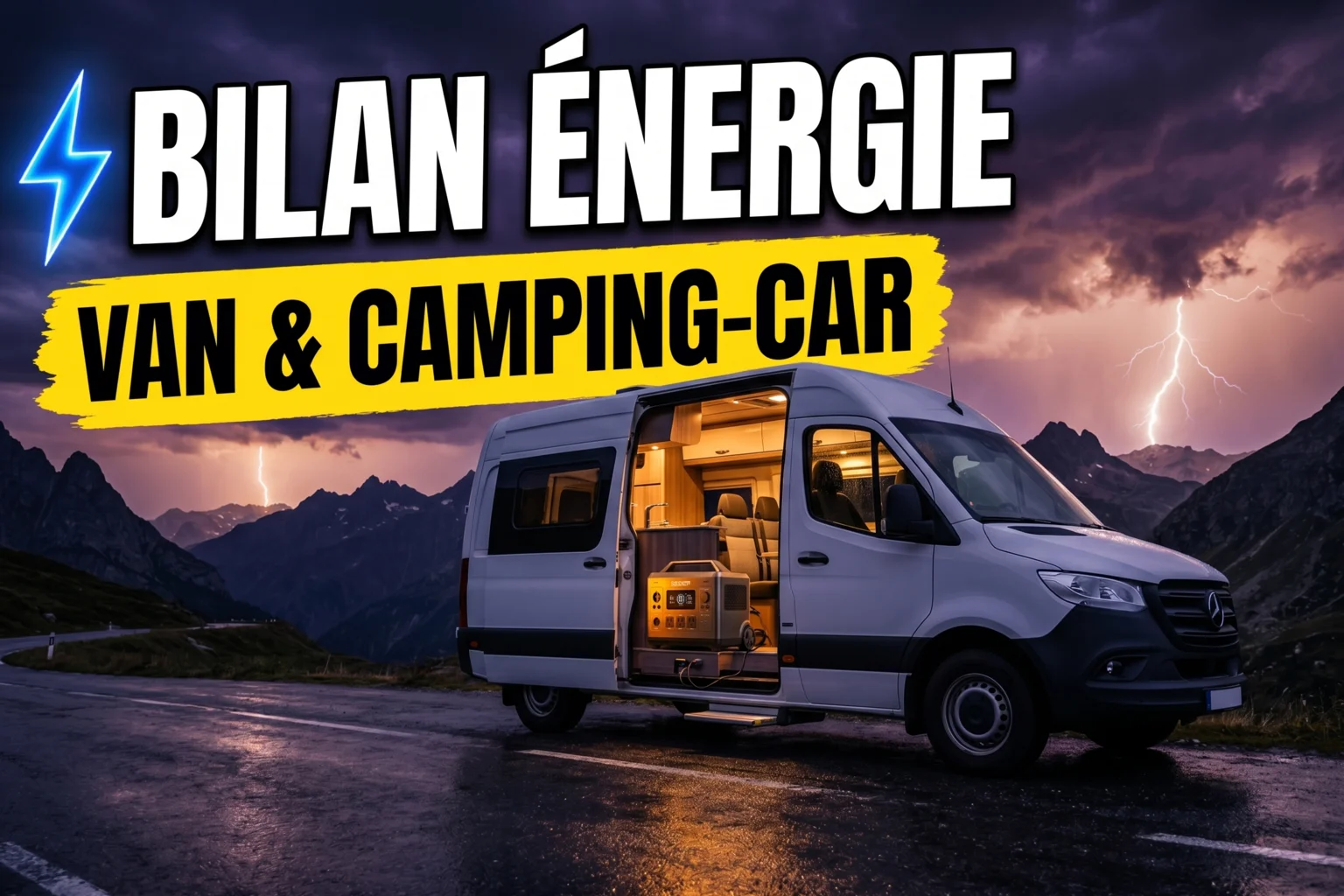 Intérieur d'un van aménagé avec station d'énergie portable, frigo et laptop