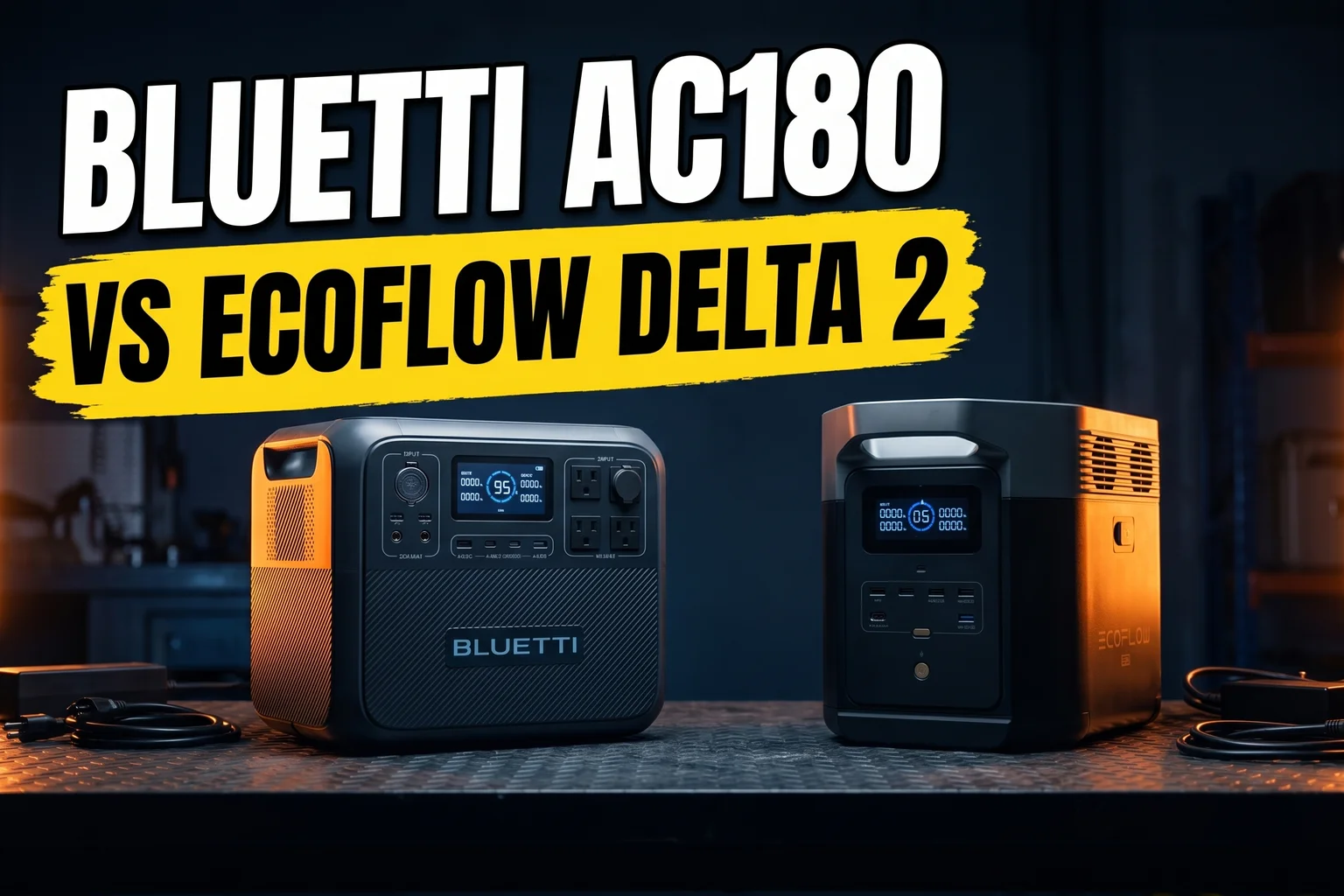BLUETTI AC180 et EcoFlow Delta 2 côte à côte sur fond sombre, comparaison 2026