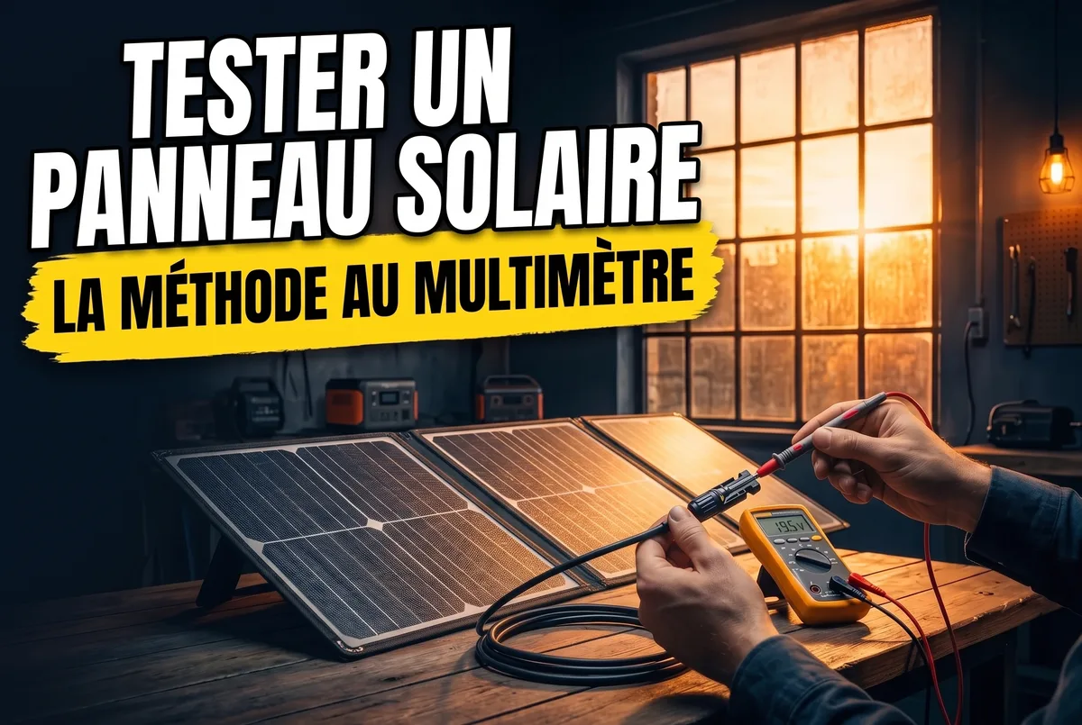 Multimètre connecté aux câbles MC4 d'un panneau solaire portable pliable pour mesurer la tension à vide