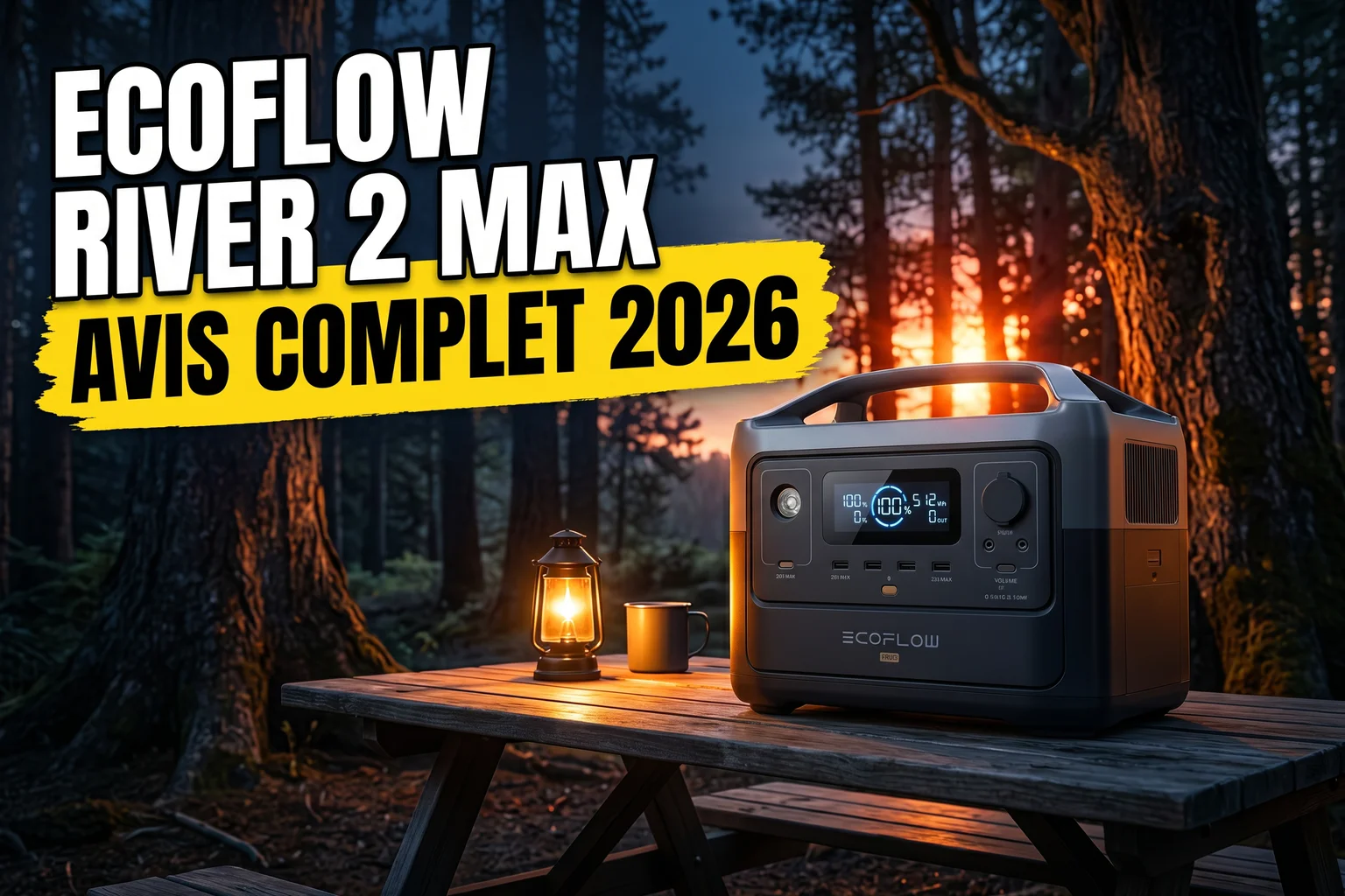 EcoFlow River 2 Max posé sur une table de camping, écran allumé