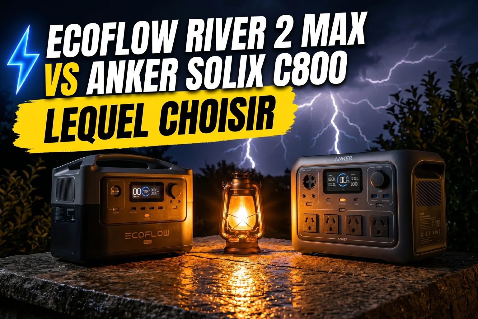 EcoFlow River 2 Max et Anker SOLIX C800 Plus face à face sur fond d'orage nocturne, lumière ambrée entre les deux stations