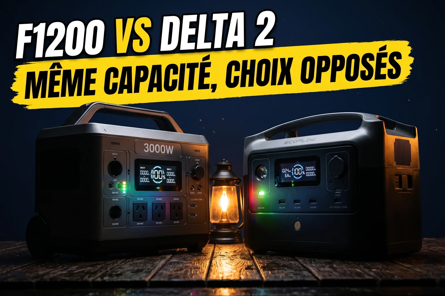 FOSSiBOT F1200 et EcoFlow DELTA 2 côte à côte sur une table, comparaison stations 1024 Wh
