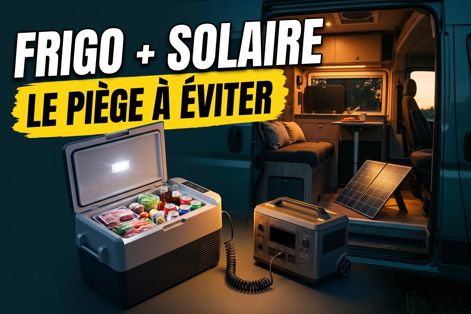 Frigo de camping 12V branché sur une station d'énergie portable avec panneau solaire en arrière-plan