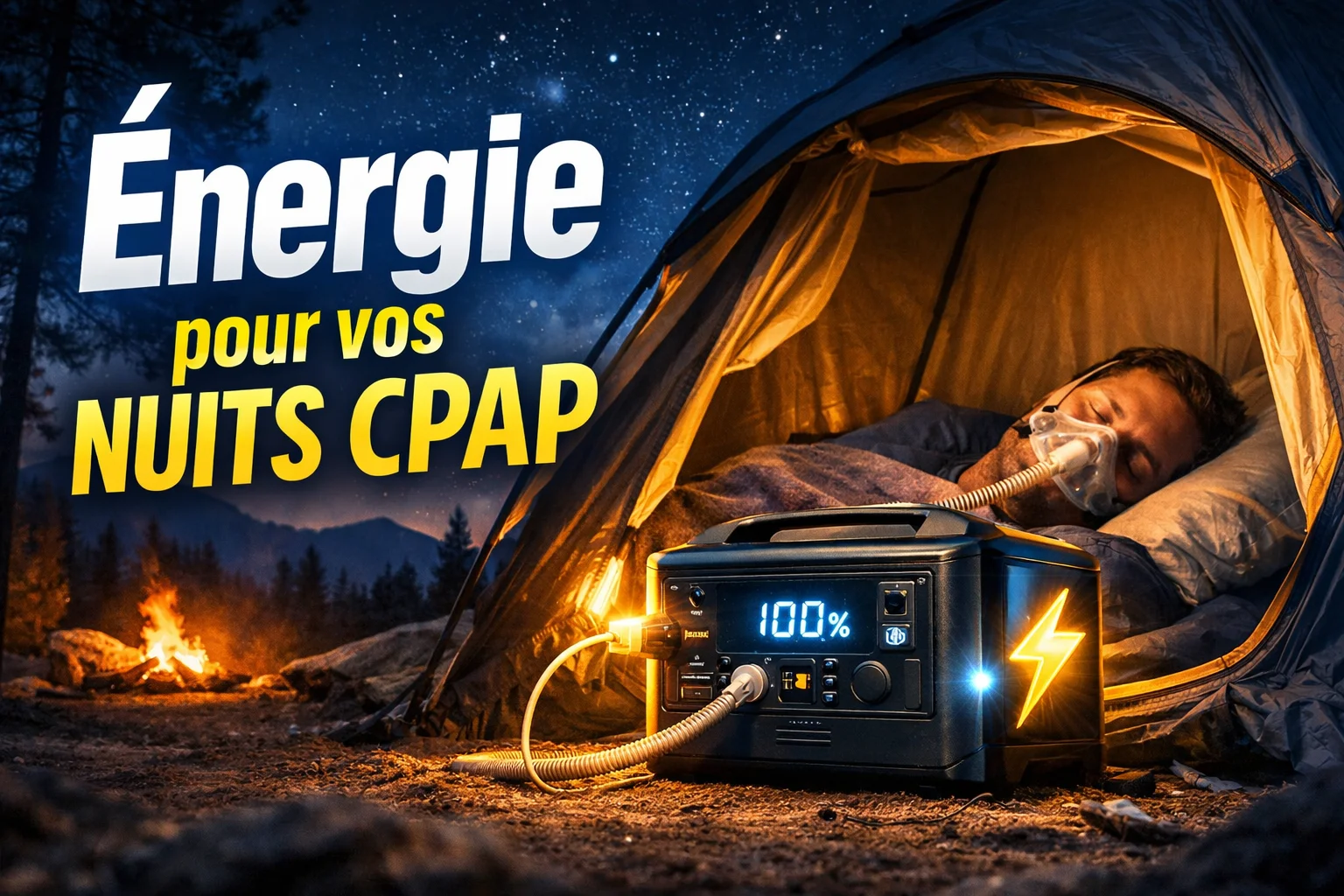 Homme dormant avec un masque CPAP dans une tente, alimenté par une centrale électrique portable