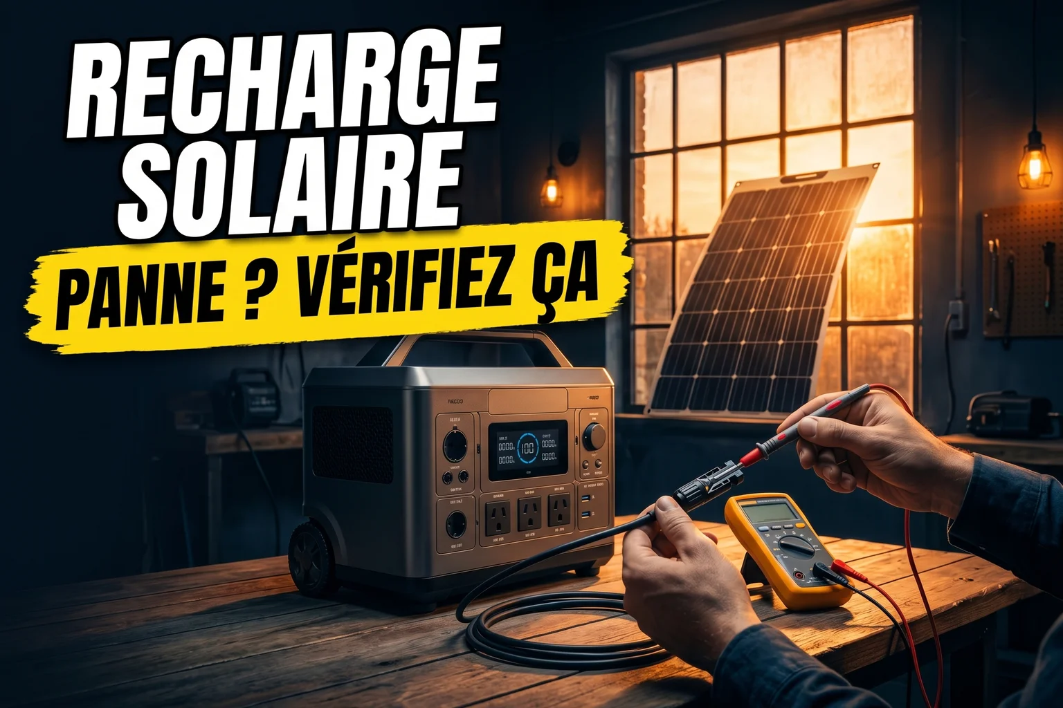 Station d'énergie portable avec câble MC4 connecté à un panneau solaire, vérification avec multimètre