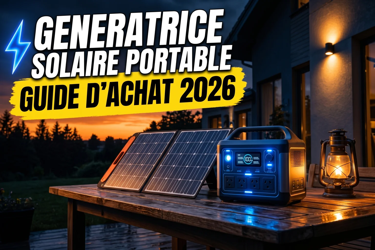 Génératrice solaire portable posée sur une table de camping avec un panneau solaire pliable déplié à côté