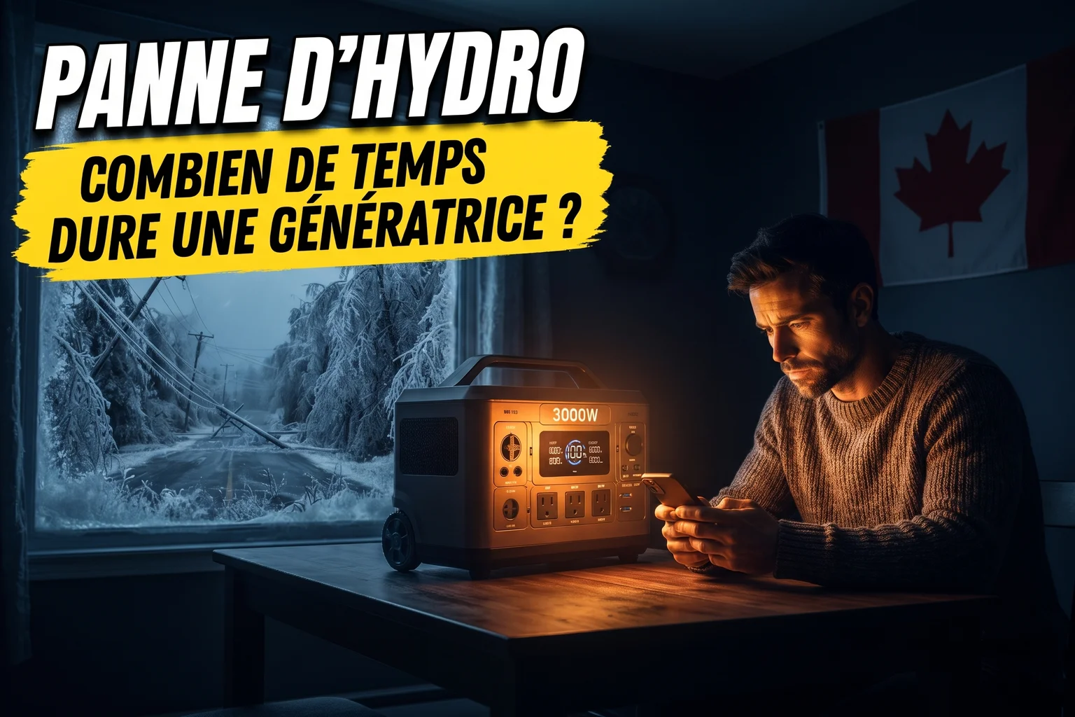 Génératrice solaire portative posée dans un chalet québécois avec panneau solaire orienté vers la fenêtre