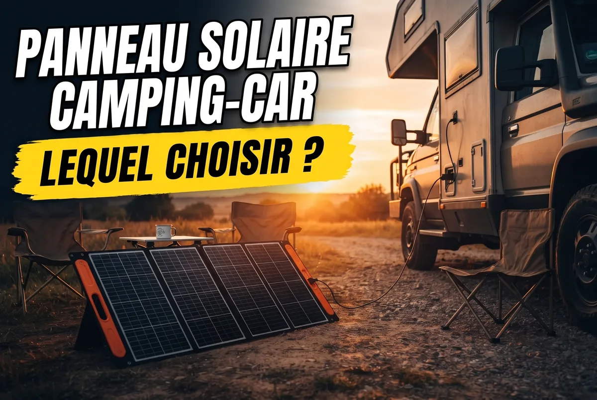 Panneau solaire portable pliable posé au sol à côté d'un camping-car, câble branché sur la batterie de servitude