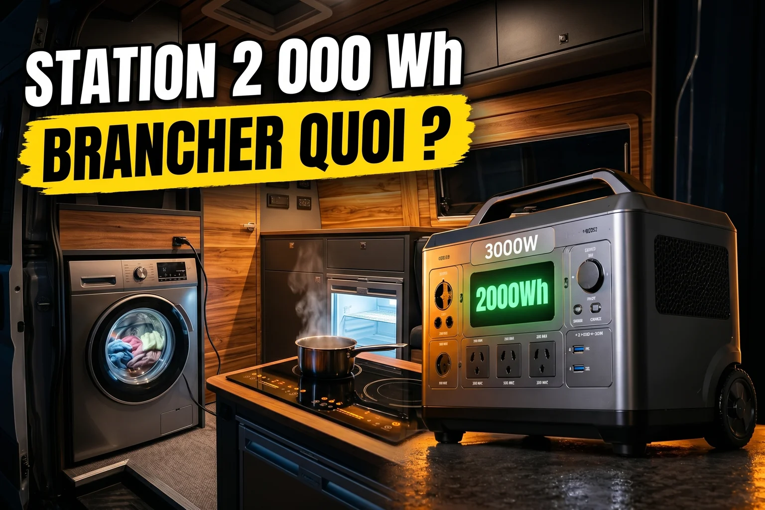 Station d'énergie portable 2 000 Wh posée dans un van aménagé, avec un frigo compresseur, une plaque à induction et un laptop branchés