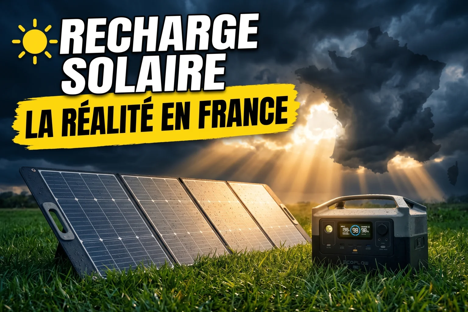 Carte de France avec données d'ensoleillement par région et panneau solaire portable