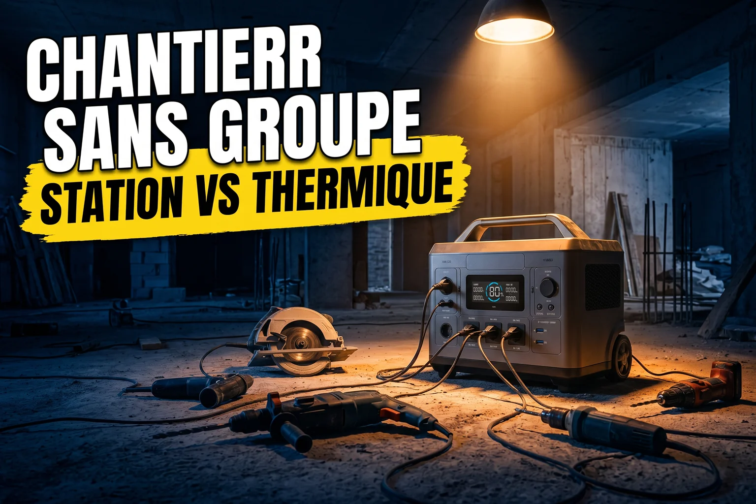 Station d'énergie portable sur un chantier de rénovation avec outils électroportatifs branchés