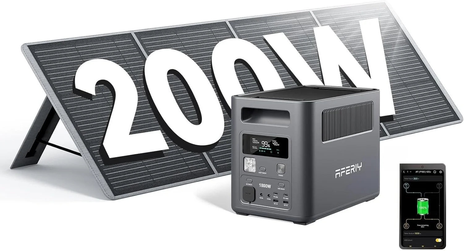 AFERIY P180 1024Wh – générateur électrique portable LiFePO4 1800W avec panneau solaire 200W, charge complète en 60 minutes