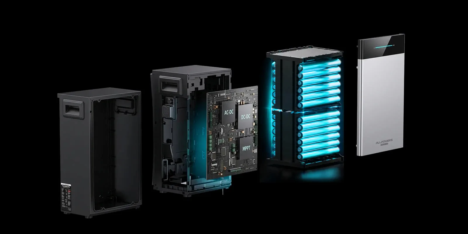 Vue éclatée de l'ALLPOWERS BS2500 PRO : boîtier, carte de puissance AC-DC, DC-DC et MPPT, cellules LiFePO4