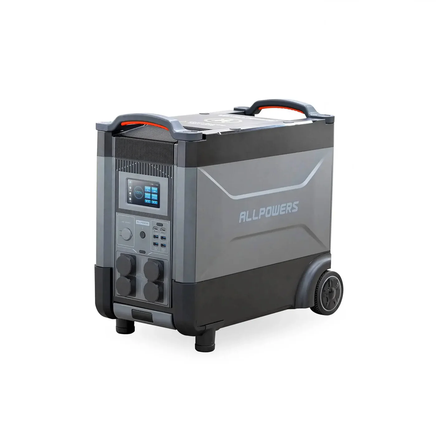 ALLPOWERS R4000 V2 station électrique portable 4000W 2880Wh, vue 3/4 : écran tactile, 4 prises AC, ports USB et roulettes intégrées