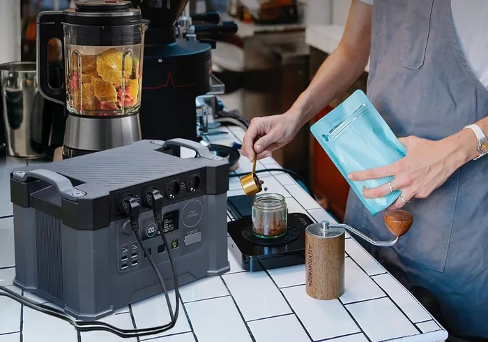 ALLPOWERS S2000Pro alimentant un blender sur un plan de travail de cuisine