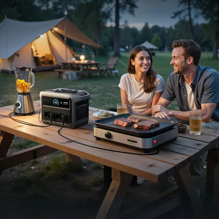 Anker SOLIX C1000 Gen 2 alimentant une plancha électrique et un blender sur une table de pique-nique, devant une tente