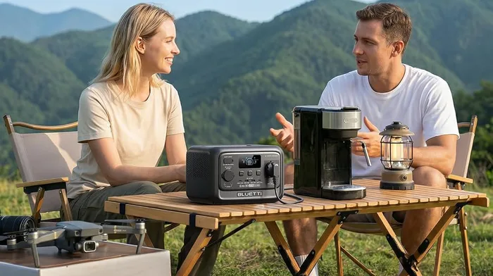 BLUETTI Elite 30 V2 sur une table de camping en bois, alimentant une cafetière à côté de deux personnes