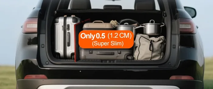 Panneau solaire DOKIO 100W plié rangé dans le coffre d'une voiture avec des bagages