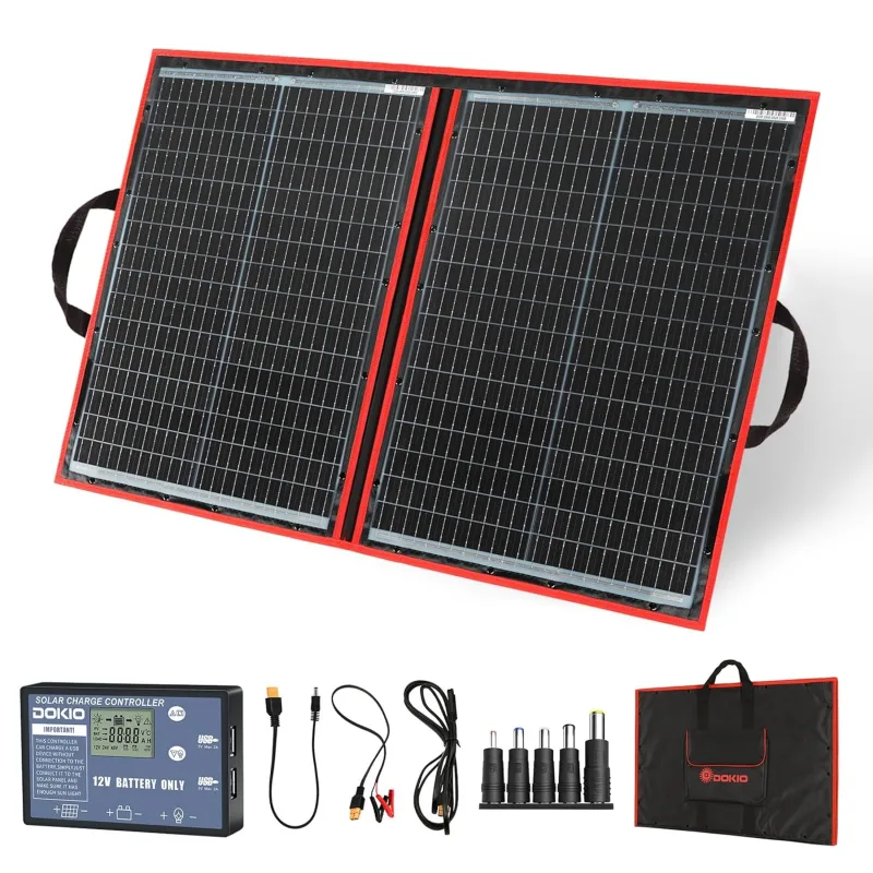 DOKIO panneau solaire pliable 100W monocristallin avec régulateur de charge PWM 10A, câble SAE-XT60 et adaptateurs DC pour batteries 12V et stations d'énergie