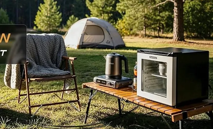 EcoFlow DELTA 3 Classic sur un campement, à côté d'une chaise pliante et d'un four électrique portatif