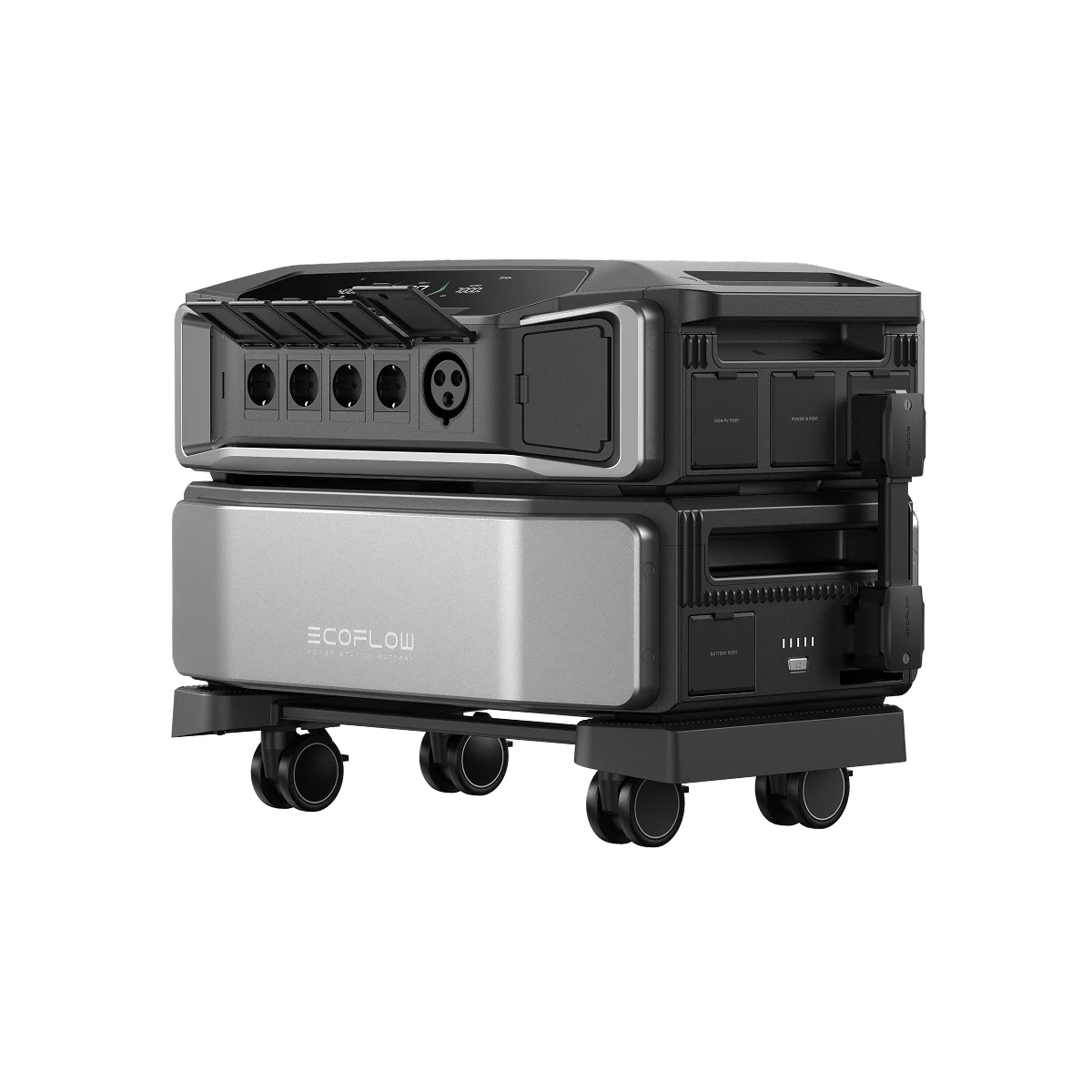 EcoFlow DELTA Pro Ultra, module onduleur et batterie 6 kWh sur socle à roulettes