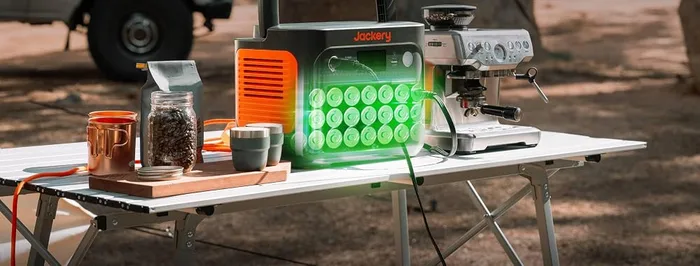 Jackery Explorer 1000 v2 posé sur une table de camping à côté d'une cafetière, en bivouac près d'un véhicule