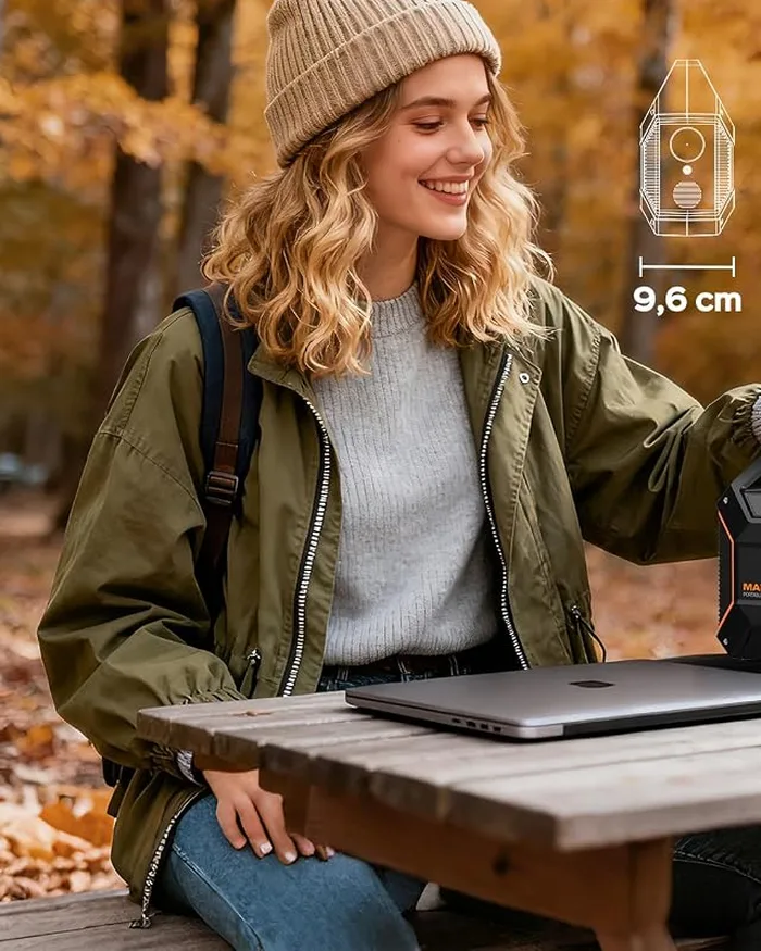 MARBERO M100 posée sur une table de pique-nique en automne, à côté d'un ordinateur portable