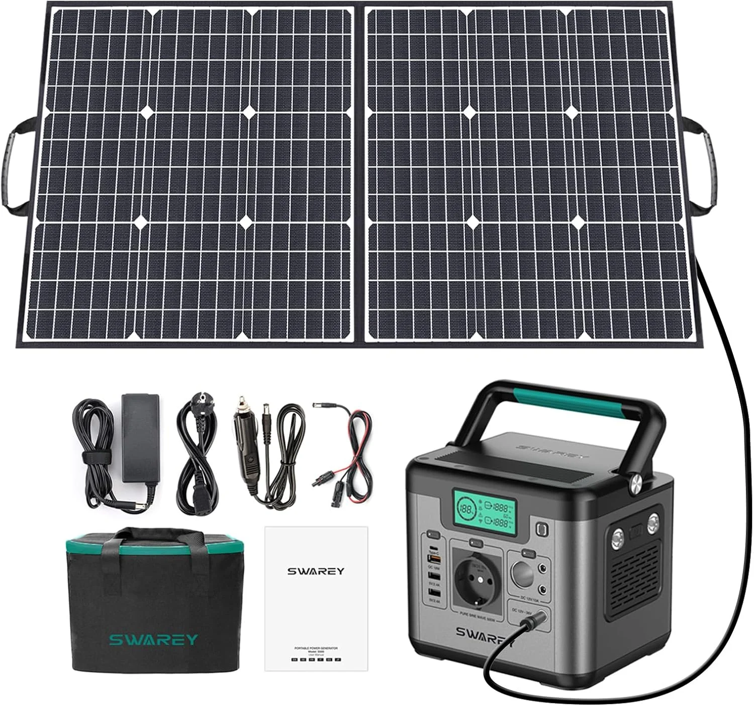 SWAREY S500 PRO 518Wh – station électrique portable 500W onde sinusoïdale pure avec panneau solaire ETFE 100W plié en 2 sections